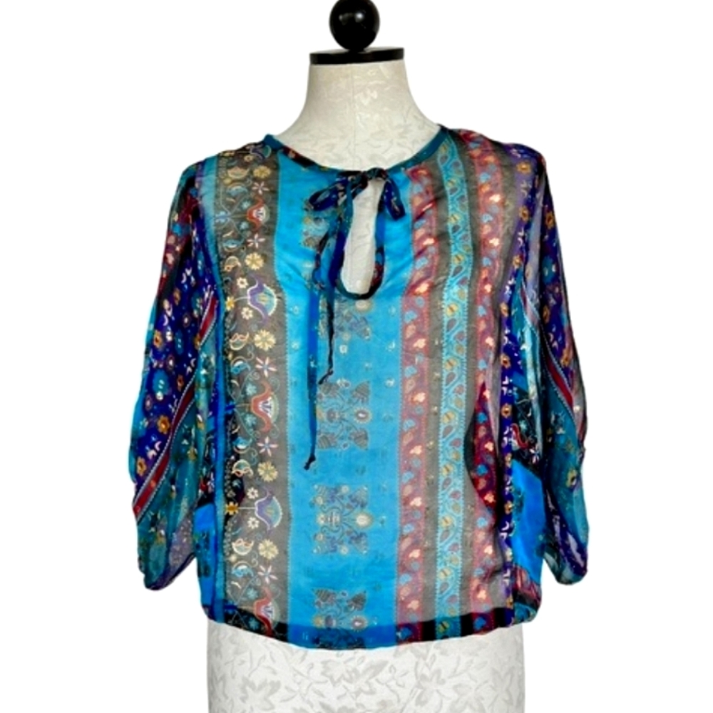MYNE Ashley Ann Silk Sheer Boho Blouse Floral 3/4 Sleeve Ties at Neck Size 2